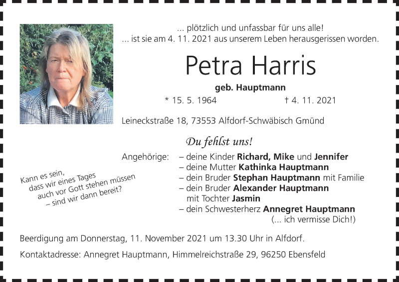  Traueranzeige für Petra Harris vom 09.11.2021 aus MGO