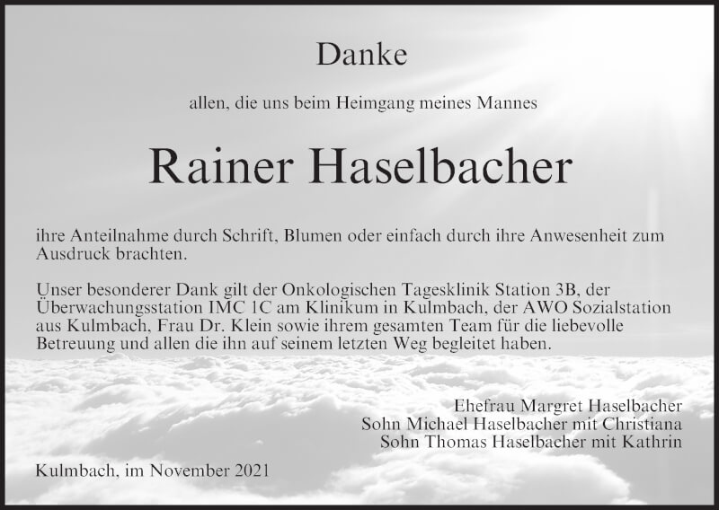  Traueranzeige für Rainer Haselbacher vom 27.11.2021 aus MGO