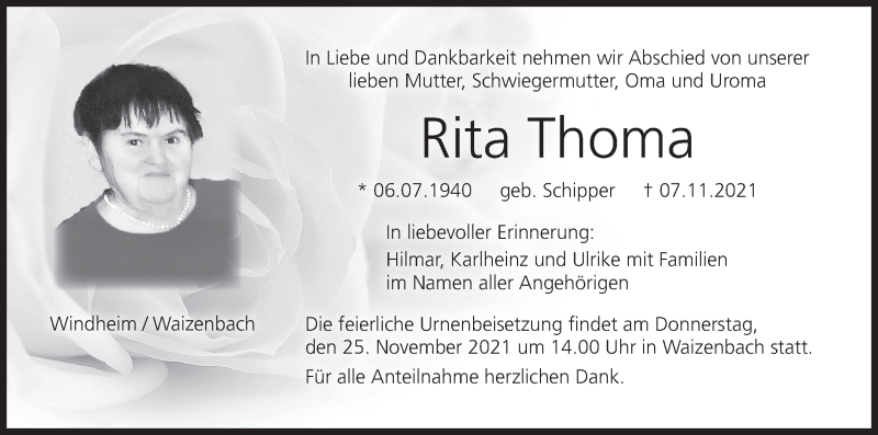  Traueranzeige für Rita Thoma vom 20.11.2021 aus MGO