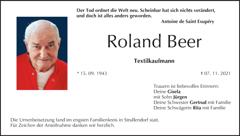  Traueranzeige für Roland Beer vom 20.11.2021 aus MGO