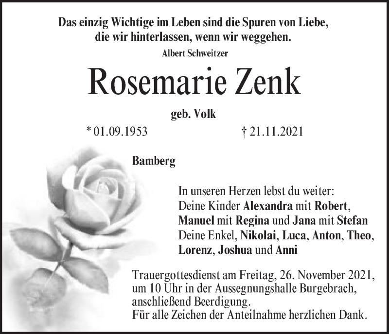  Traueranzeige für Rosemarie Zenk vom 24.11.2021 aus MGO