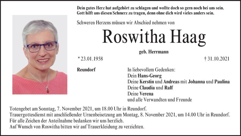  Traueranzeige für Roswitha Haag vom 05.11.2021 aus MGO