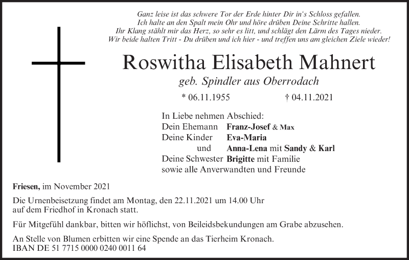  Traueranzeige für Roswitha Elisabeth Mahnert vom 18.11.2021 aus MGO