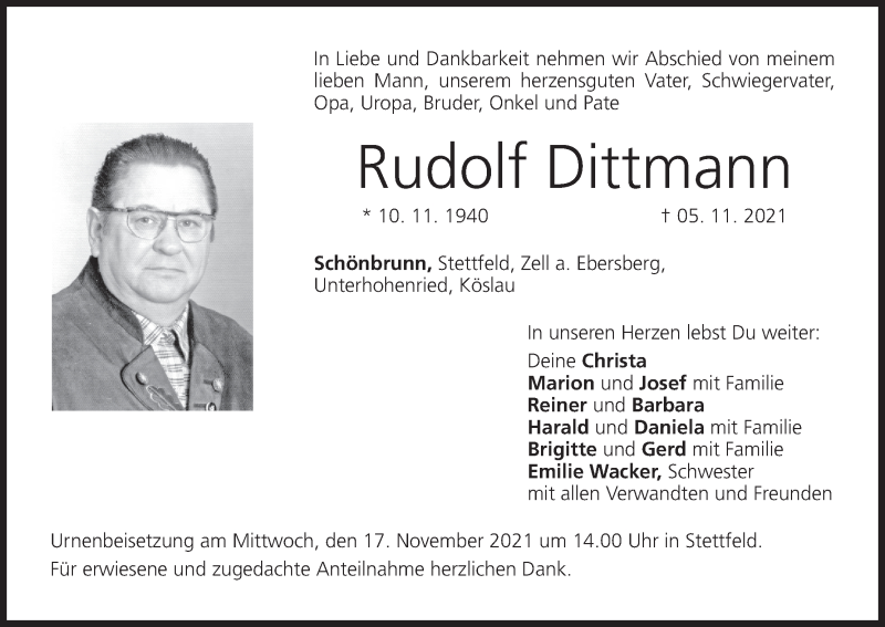  Traueranzeige für Rudolf Dittmann vom 15.11.2021 aus MGO