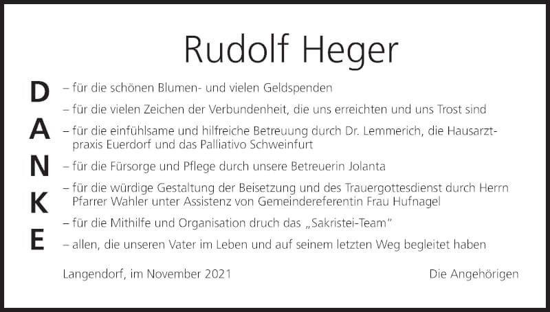  Traueranzeige für Rudolf Heger vom 27.11.2021 aus MGO
