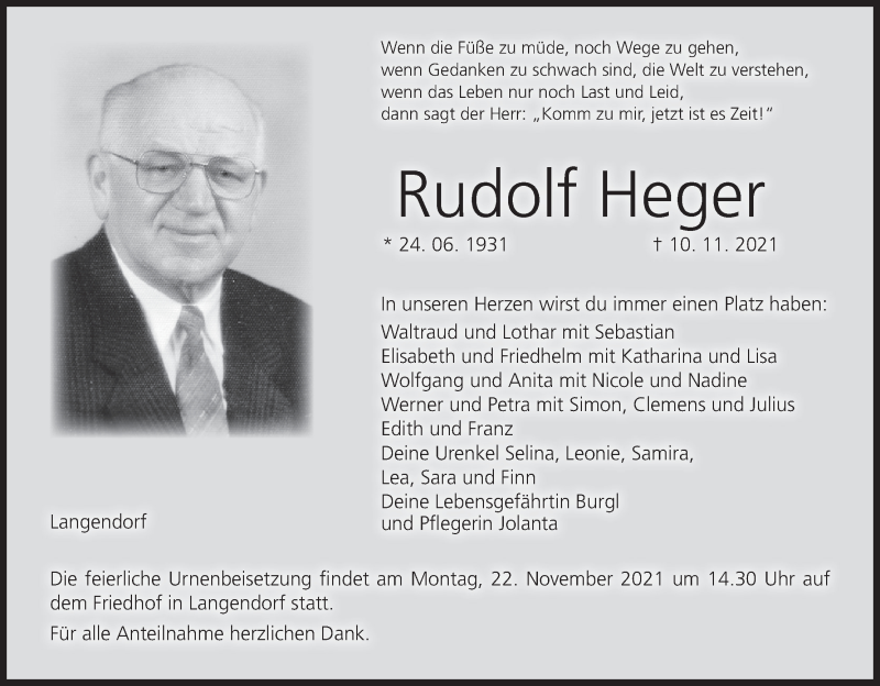  Traueranzeige für Rudolf Heger vom 18.11.2021 aus MGO