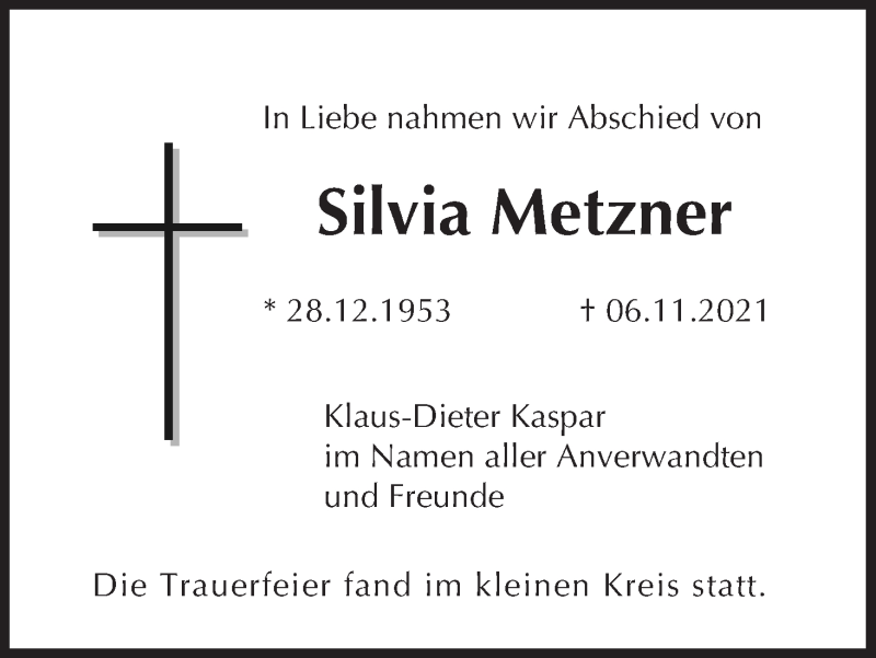  Traueranzeige für Silvia Metzner vom 20.11.2021 aus MGO