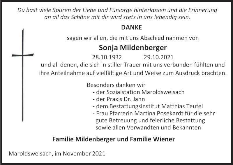  Traueranzeige für Sonja Mildenberger vom 27.11.2021 aus MGO