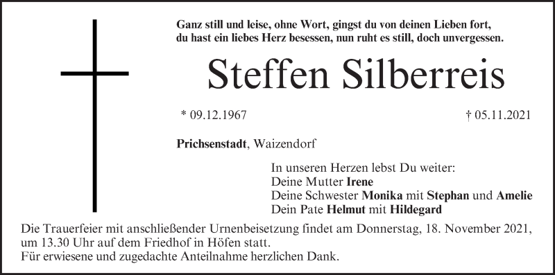  Traueranzeige für Steffen Silberreis vom 13.11.2021 aus MGO