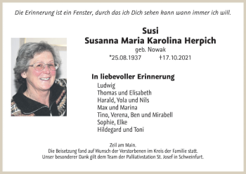 Anzeige von Susanna Maria Karolina Herpich von MGO