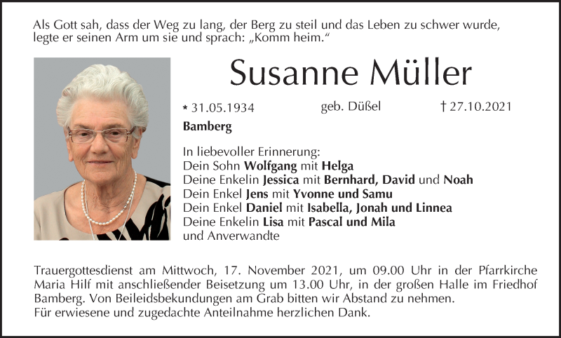  Traueranzeige für Susanne Müller vom 13.11.2021 aus MGO