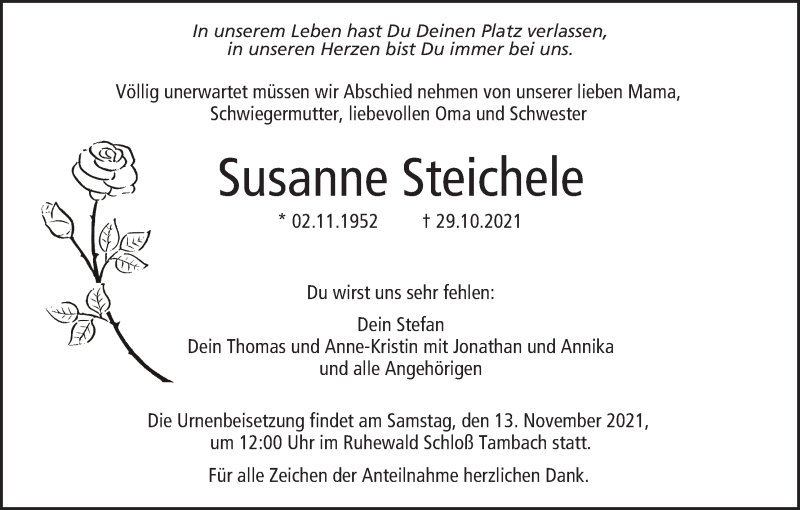  Traueranzeige für Susanne Steichele vom 10.11.2021 aus MGO