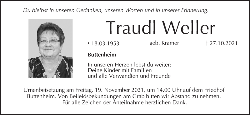  Traueranzeige für Traudl Weller vom 13.11.2021 aus MGO