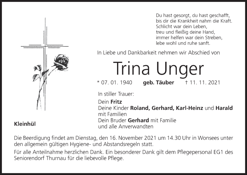  Traueranzeige für Trina Unger vom 13.11.2021 aus MGO