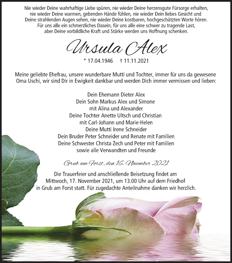  Traueranzeige für Ursula Alex vom 16.11.2021 aus MGO
