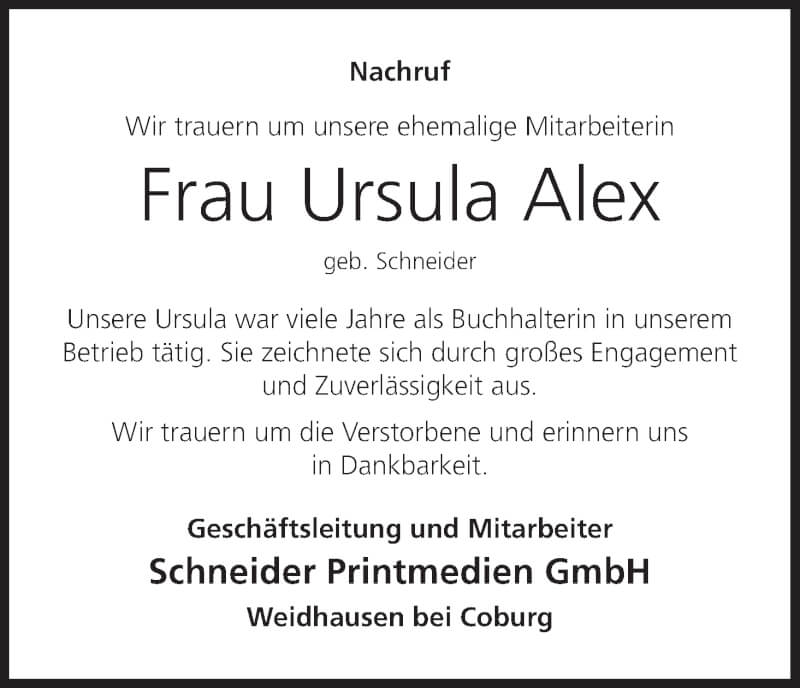  Traueranzeige für Ursula Alex vom 27.11.2021 aus MGO