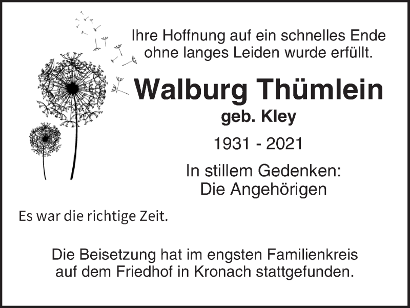  Traueranzeige für Walburg Thümlein vom 06.11.2021 aus MGO