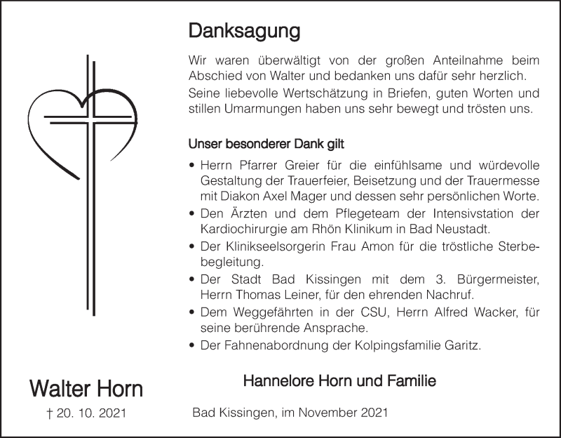  Traueranzeige für Walter Horn vom 20.11.2021 aus MGO
