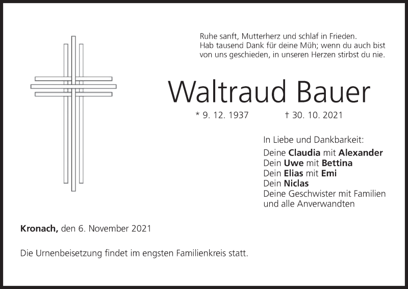  Traueranzeige für Waltraud Bauer vom 06.11.2021 aus MGO