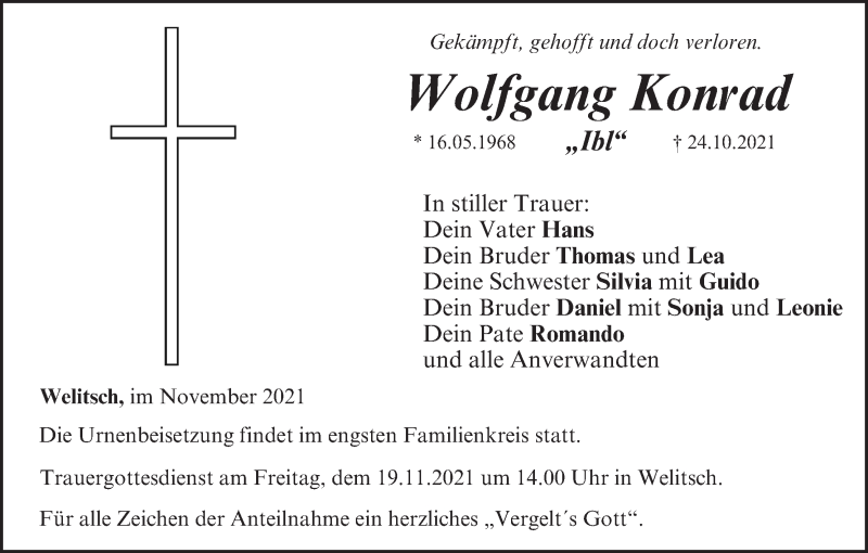  Traueranzeige für Wolfgang Konrad vom 12.11.2021 aus MGO