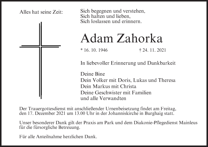  Traueranzeige für Adam Zahorka vom 14.12.2021 aus MGO