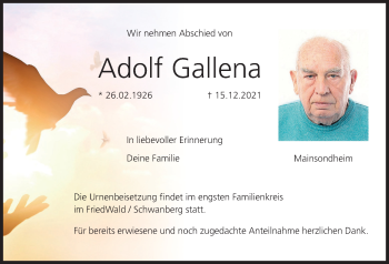 Anzeige von Adolf Gallena von MGO