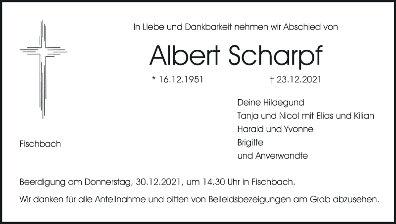  Traueranzeige für Albert Scharpf vom 27.12.2021 aus MGO