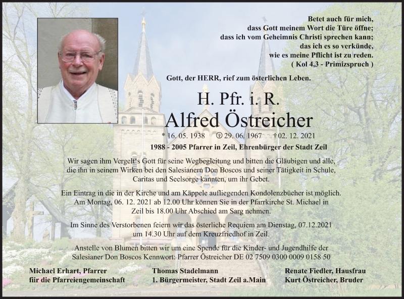  Traueranzeige für Alfred Östreicher vom 04.12.2021 aus MGO