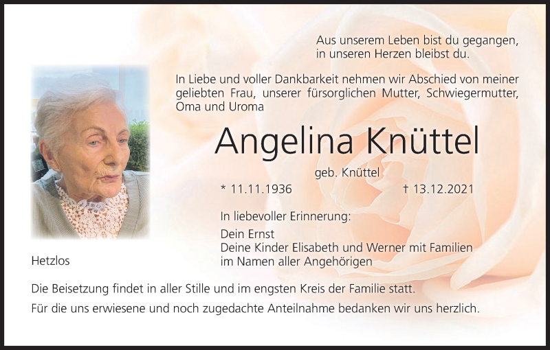  Traueranzeige für Angelina Knüttel vom 18.12.2021 aus MGO