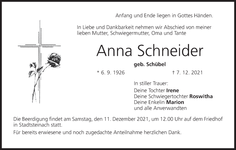  Traueranzeige für Anna Schneider vom 10.12.2021 aus MGO