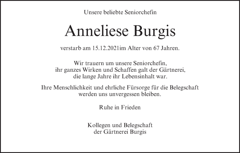  Traueranzeige für Anneliese Burgis vom 18.12.2021 aus MGO