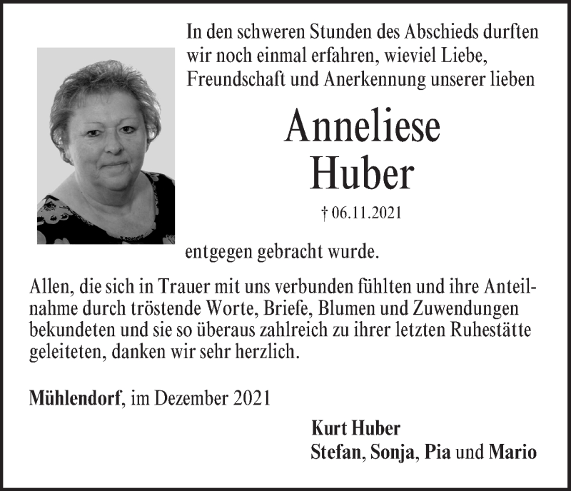  Traueranzeige für Anneliese Huber vom 11.12.2021 aus MGO