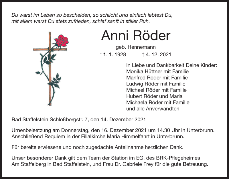  Traueranzeige für Anni Röder vom 14.12.2021 aus MGO