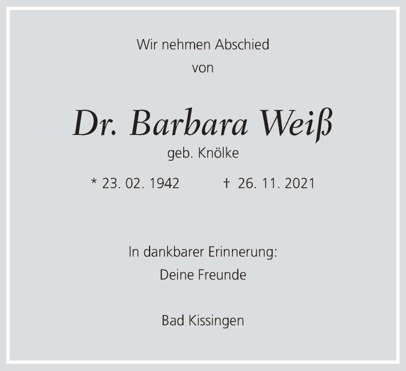  Traueranzeige für Barbara Weiß vom 11.12.2021 aus MGO