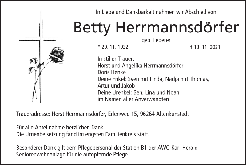  Traueranzeige für Betty Herrmannsdörfer vom 02.12.2021 aus MGO