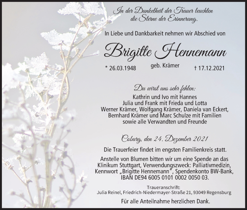  Traueranzeige für Brigitte Hennemann vom 24.12.2021 aus MGO