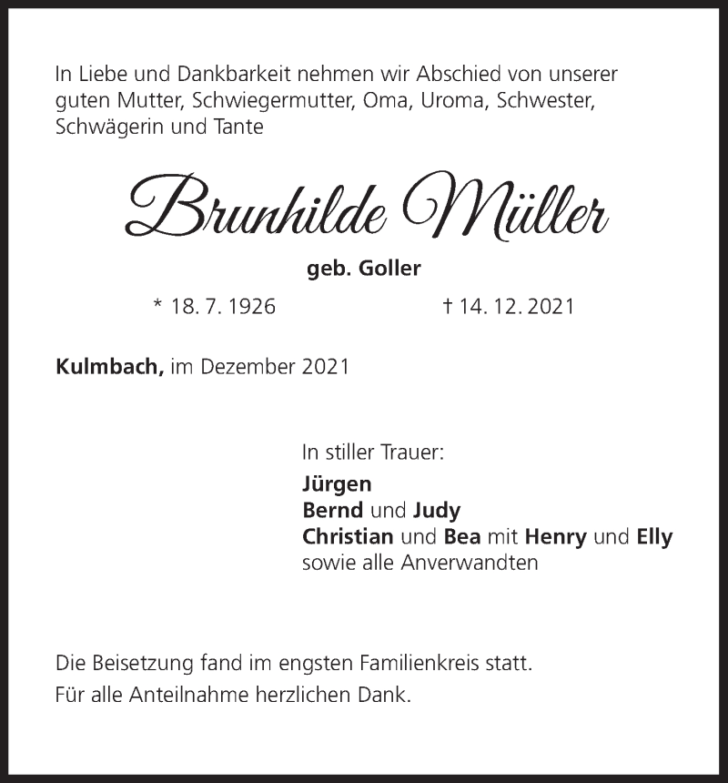  Traueranzeige für Brunhilde Müller vom 29.12.2021 aus MGO