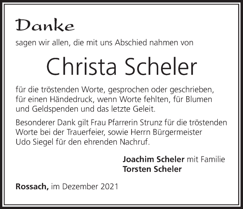  Traueranzeige für Christa Scheler vom 24.12.2021 aus MGO