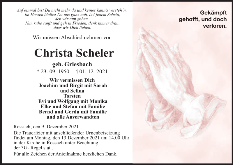  Traueranzeige für Christa Scheler vom 09.12.2021 aus MGO