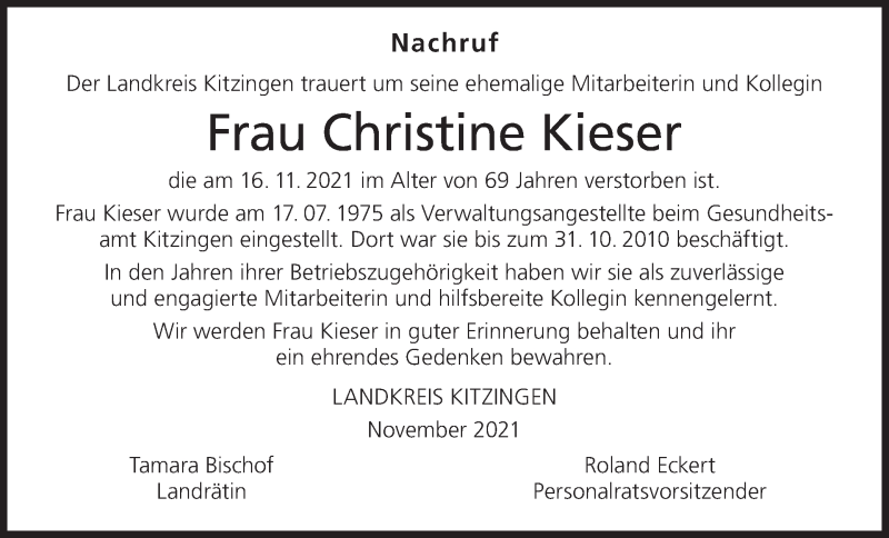  Traueranzeige für Christine Kieser vom 04.12.2021 aus MGO