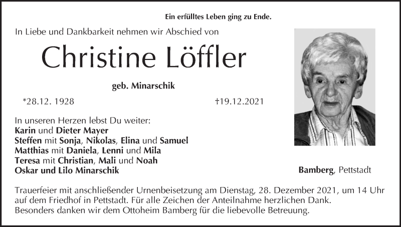  Traueranzeige für Christine Löffler vom 24.12.2021 aus MGO