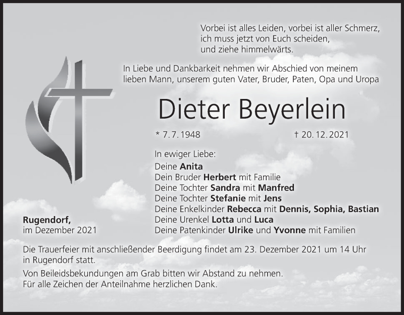  Traueranzeige für Dieter Beyerlein vom 22.12.2021 aus MGO