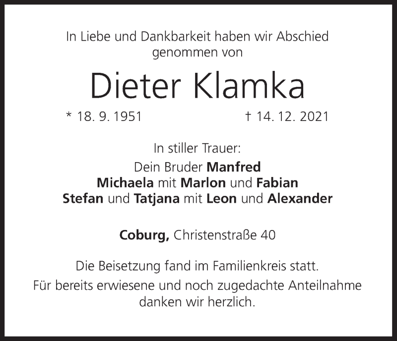  Traueranzeige für Dieter Klamka vom 24.12.2021 aus MGO