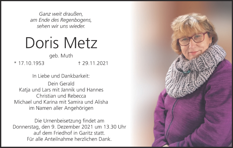  Traueranzeige für Doris Metz vom 04.12.2021 aus MGO