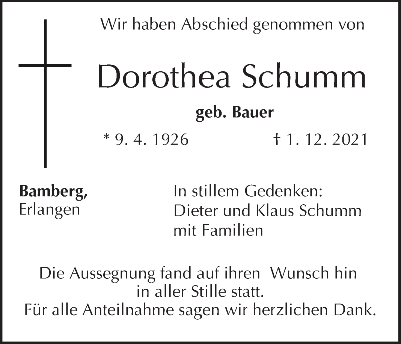  Traueranzeige für Dorothea Schumm vom 18.12.2021 aus MGO