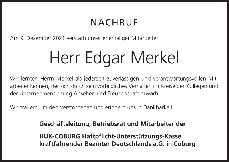  Traueranzeige für Edgar Merkel vom 23.12.2021 aus MGO