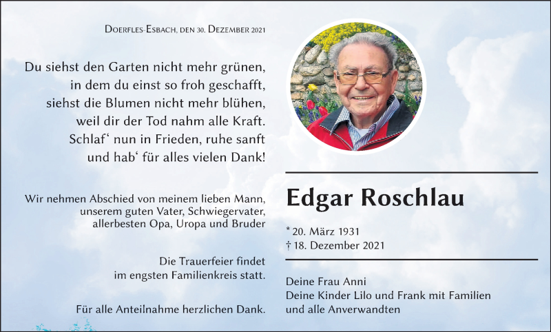  Traueranzeige für Edgar Roschlau vom 30.12.2021 aus MGO