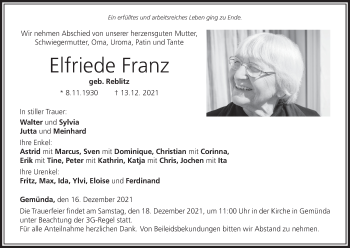 Anzeige von Elfriede Franz von MGO