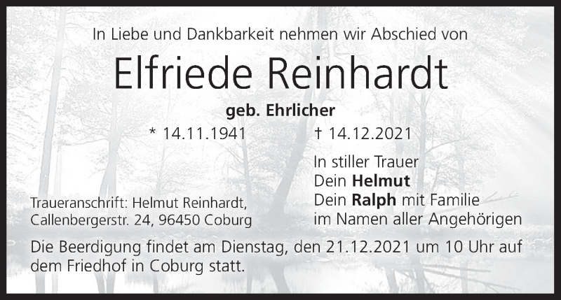 Traueranzeige für Elfriede Reinhardt vom 18.12.2021 aus MGO