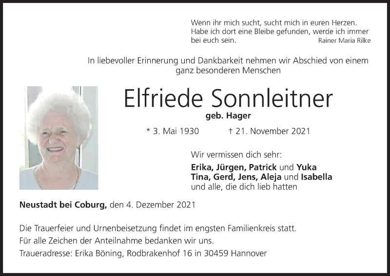  Traueranzeige für Elfriede Sonnleitner vom 04.12.2021 aus MGO